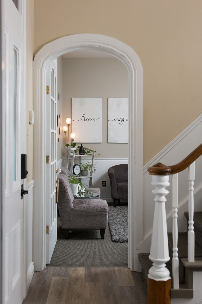 Supportive counselling conversation in a calm therapy room