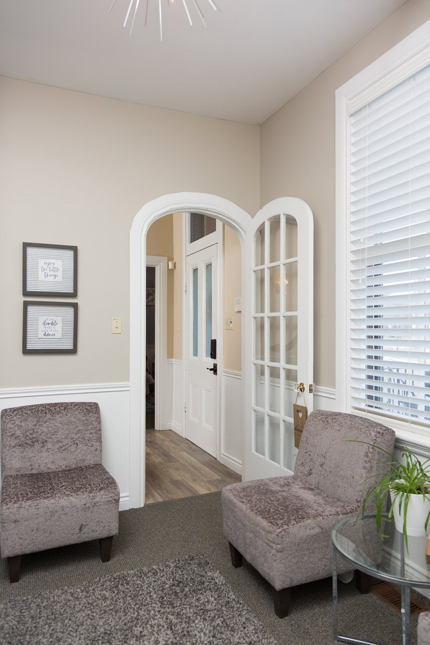 A supportive counselling conversation in the calm therapy room at Balanced Life Therapy in Barrie