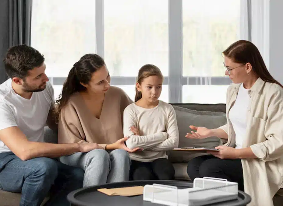Family therapy session with a therapist discussing emotional support strategies with parents and a child in a cozy living room setting.