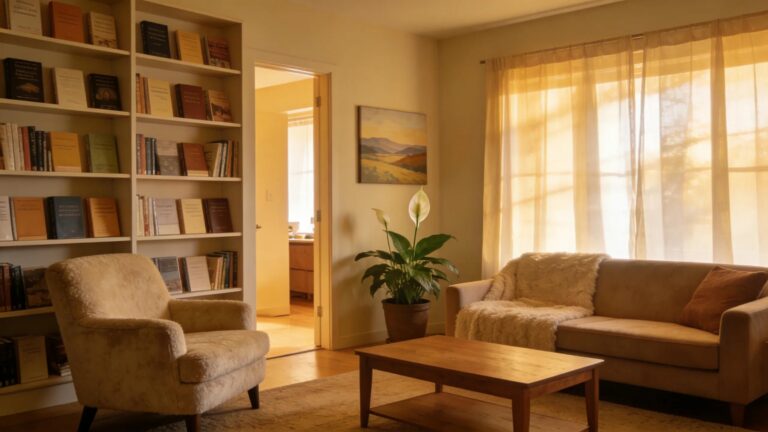 Cozy therapy room with comfortable seating and calming decor